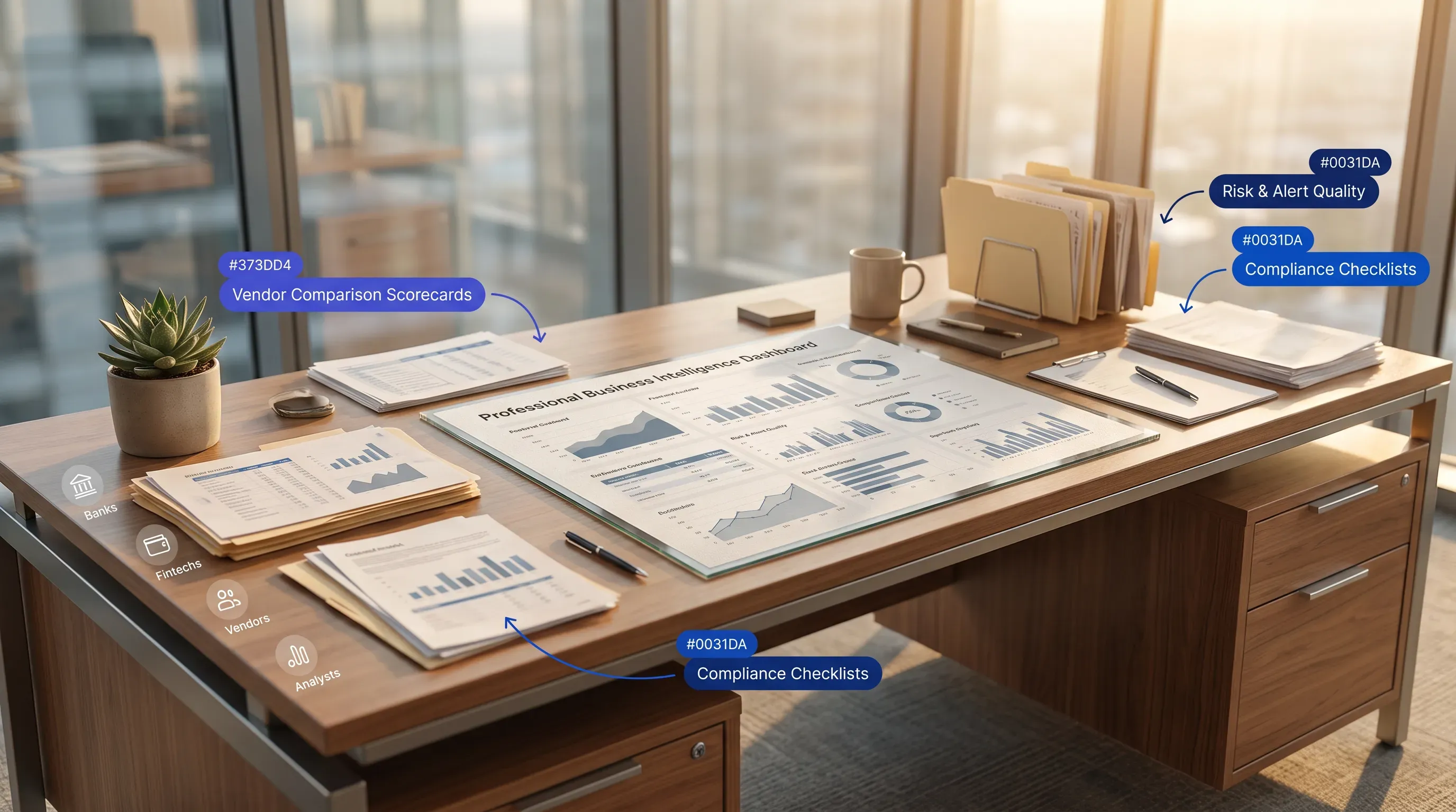 A modern executive office desk cluttered with documents and charts, illuminated by warm golden-hour light, showcasing an organized workflow.