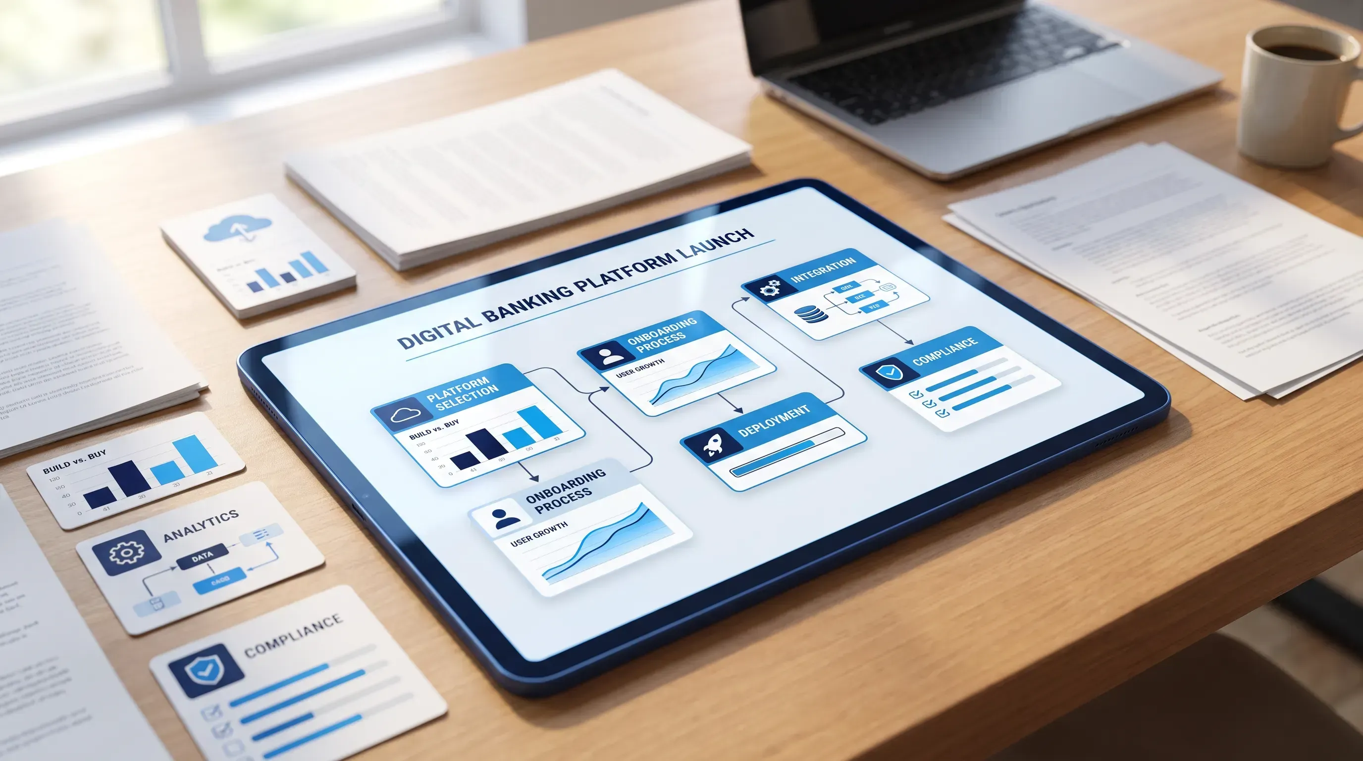 A bright, organized workspace featuring a digital tablet displaying an interactive flowchart for launching a digital banking platform.