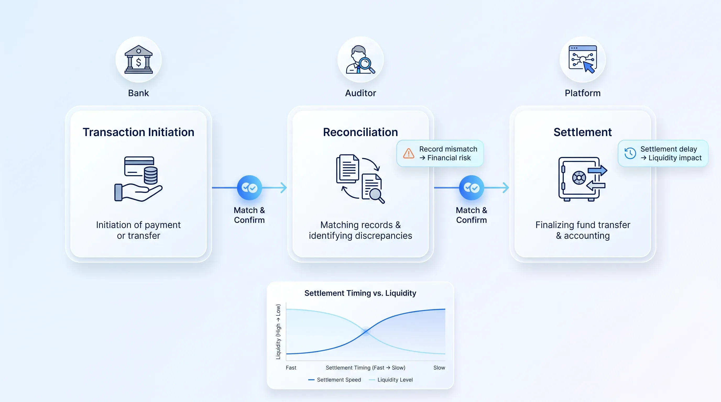 Professional SaaS infographic UI with three rounded cards for Transaction Initiation, Reconciliation, and Settlement, featuring icons and callouts.