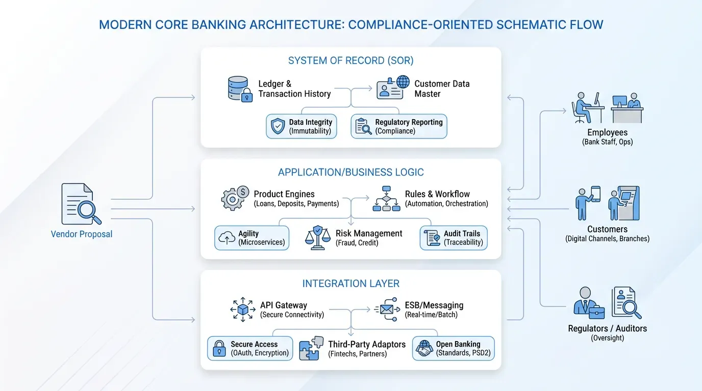 Schematic flow diagram of a modern core banking architecture with three vertical layers, muted icons, and a soft blue gradient background.
